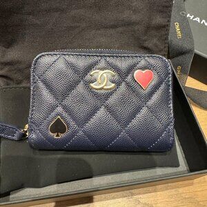 CHANEL Caviar Enamel Coco Casino Quilted Zip Coin Purse Navy Blue